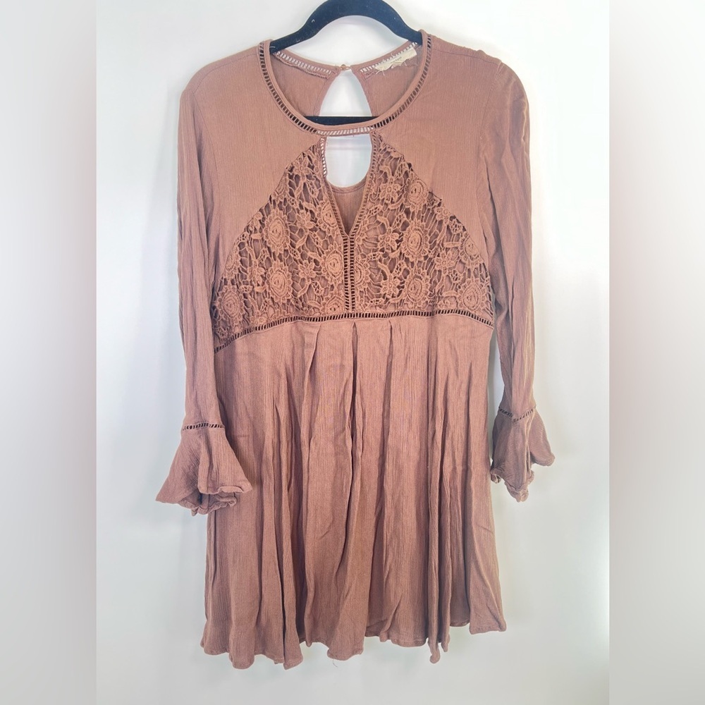 Entro Brown Boho Bell Sleeve Mini Dress or Tunic Shirt Size L Large - Picture 1 of 11